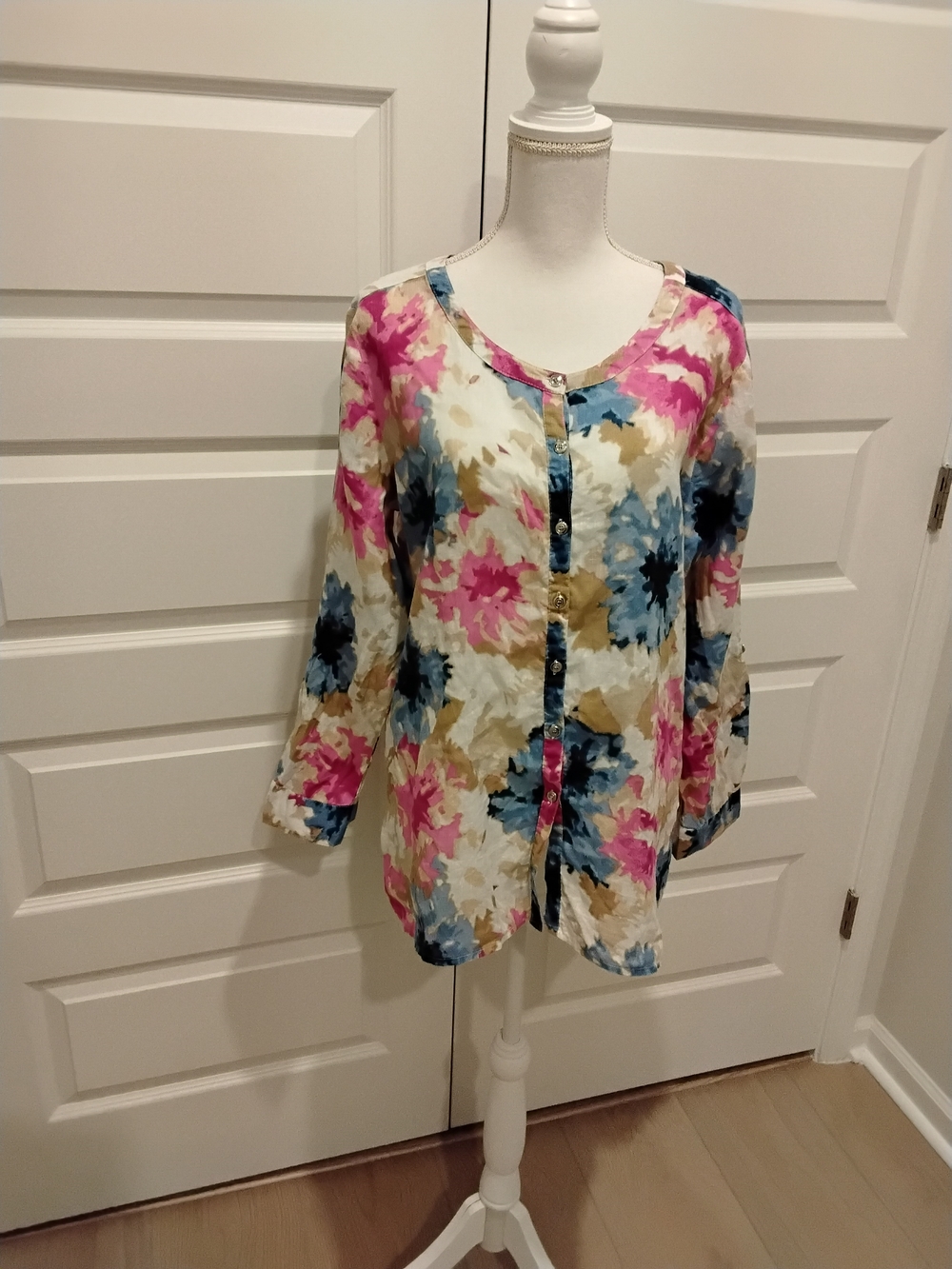 Floral Button-Down Blouse in Cream with Pink, Blue & Tan Accents
